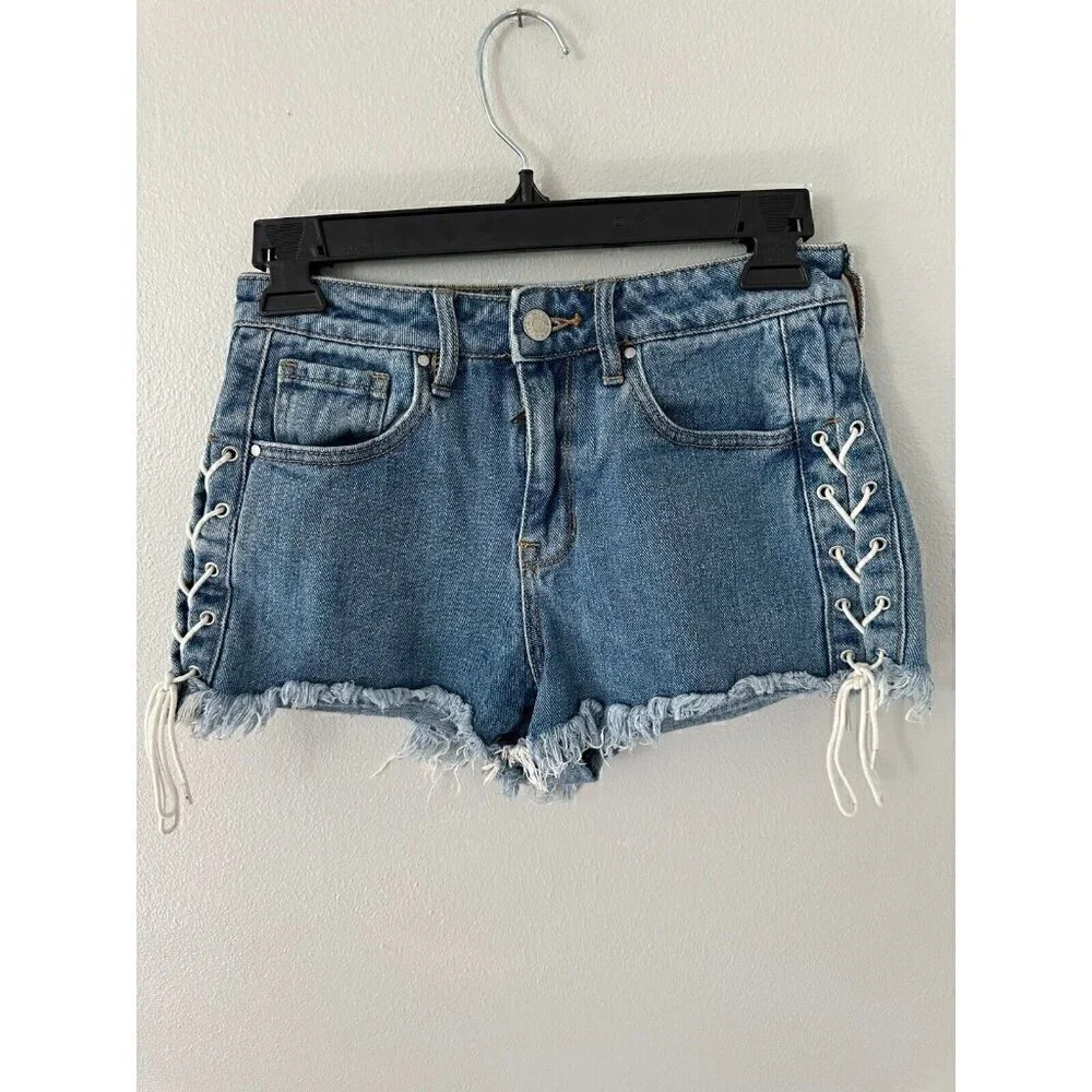 Pacsun Women's High Rise Shorts Blue Cut offs Tie on Sides 100% Cotton Size 25
